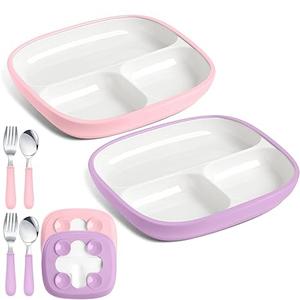 Teenyyou 1Pcs 8.2" Large Kids Porcelain Plates with Silicone Sleeves Toddlers Divided Plates Extra Deep White Porcelain Dishes 2 Pack Spoons and Forks Set Microwave Dishwasher Friendly(Purple)