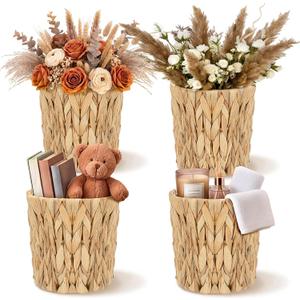 Set of 4 Water Hyacinth Planter Basket Boho Rattan Handwoven Storage Baskets Cottage Rustic Farmhouse Woven Rustic Wicker Sundries Baskets Artificial Flower Pots for Organizing Indoor Decor, 5.9 x 5.1 x 5.9 inches