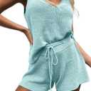 Imily Bela Women's Summer Lounge Sets Knit 2 Piece Outfits Vacation Beach Tank Tops and Shorts Loungewear Pajama Set (A04-aqua)