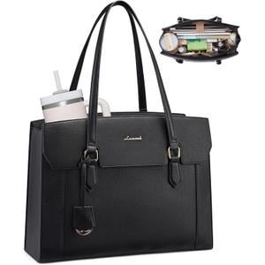LOVEVOOK Laptop Tote Bag for Women,Computer Work Bag With Large Cup Holder,15.6 Inch Waterproof PU Leather Purse Briefcase for Teacher (Black)
