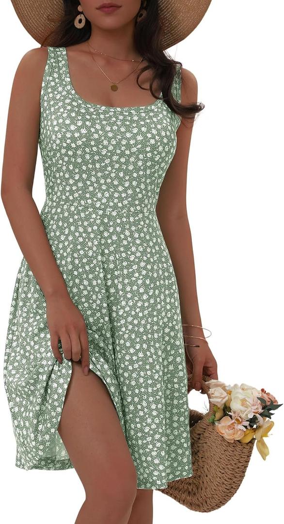 FENSACE Summer Dresses for Women Sleeveless Knee Length Floral Tank Dress (Green, XL)