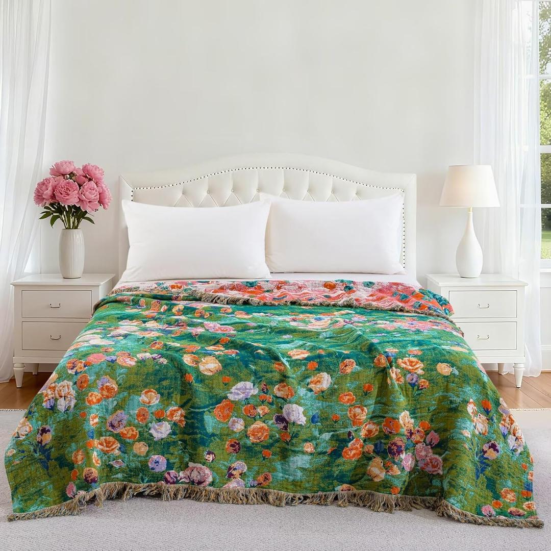 100% Cotton Muslin Floral Blanket, Super Soft Throw Green for Couch, Bed Chair Quilt Travel Blankets, Reversible Jacquard Fall Coverlet, Lightweight Boho Farmhouse Picnic Blanket, 80"x90"