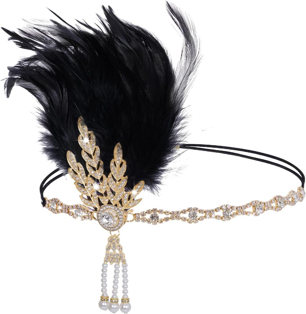 Tongcloud 1920s Flapper Feather Headband Roaring 20s Gatsby Headpiece Women's 1920s Headband Flapper Feather Headpiece (Black)