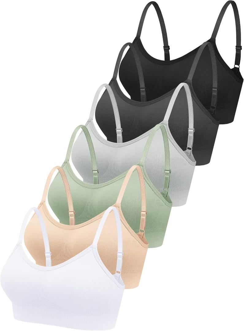 Geyoga 6 Pcs Sports Bra for Women, No Underwire Wireless Bralette Support Padded Cami Bra Seamless Camisole Tank Top (Small, Black, White, Green, Dark Gray, Nude, Light Gray)
