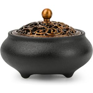 Ceramic Incense Burner with Incense Stick Holder,Use for Stick/Coil Incense,Sage, Mosquito Incense and Charcoal,Handmade for Cleansing House Negative Energy & Other Smudging Rituals (Black)