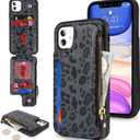 Cavor for iPhone 11 Case with Card Holder,for iPhone 11 Wallet Case for Women Men,Phone Case for iPhone 11 Case with Wallet,Leather Magnetic Clasp Zipper Pocket Cover-Leopard Black
