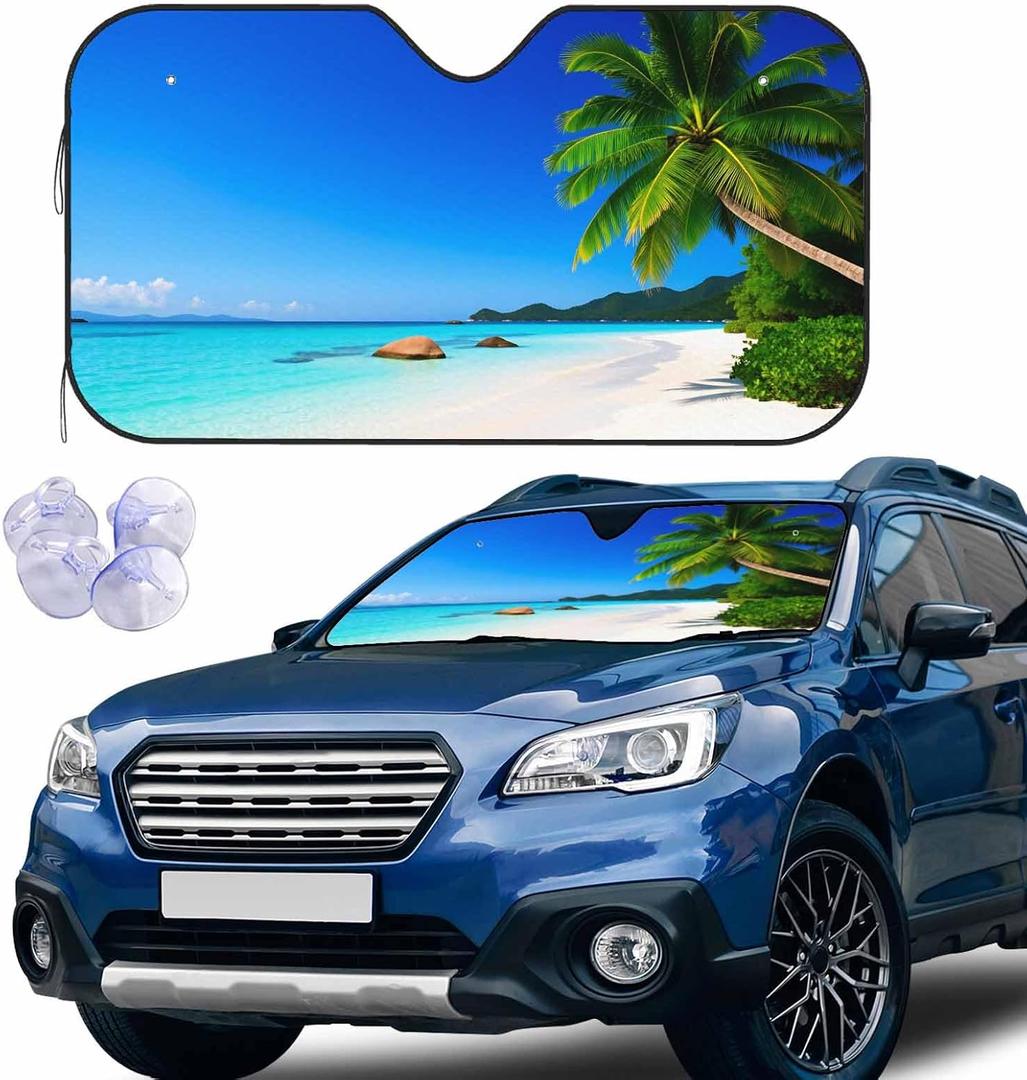 Tropical Beach Windshield Sun Shade Palm Tree Green Blue Sky and Blue Water Front Window UV Block Sun Shade Visor Protector Universal Fit for Sedan SUV Truck All Vehicles 55x30 inch