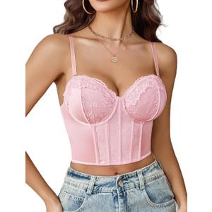 Avidlove Bustier Tops for Women V Neck Lace Bralettes with Underwired Sexy Corset Concert Crop Top (Medium, Pink)