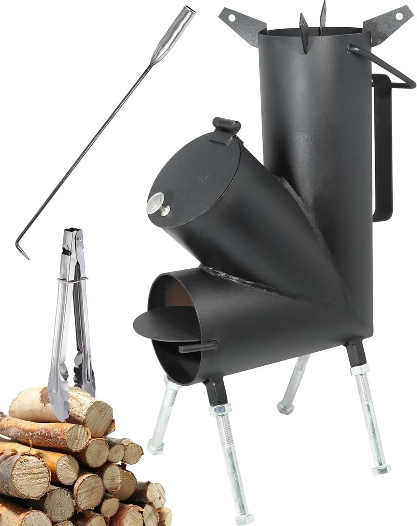 ROCKET STOVE is the perfect wood stove. A portable wood-burning camping stove with a fire poker. For camping gear & survival gear, backyard cooking. Camping grill, outdoor events.