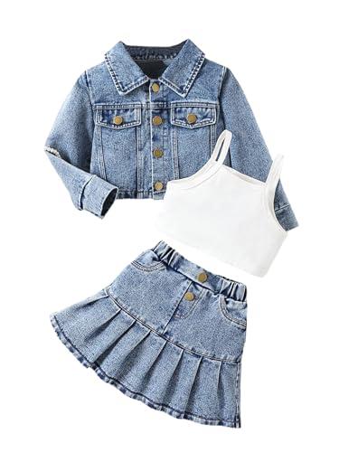 MakeMeChic Girl's 3 Piece Fall Outfits Cami Crop Top Long Sleeve Denim Jacket and A Line Jean Skirt Set Blue 6 Years