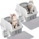 Prodigen Extra Large Stainless Steel Cat Litter Box with Lid High Wall Sides Enclosure, Non-Sticky, Anti-Leakage, Easy Cleaning with Cat Mat & Metal Scoop, 24" L x 16" W x 12" H, 2 Pack