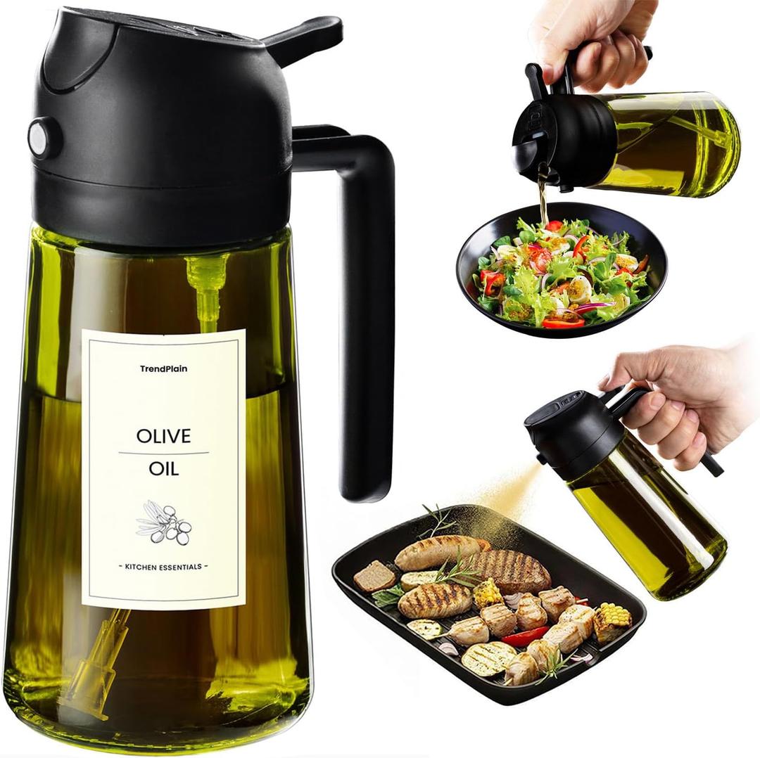 TrendPlain - Original 16oz/470ml Olive Oil Dispenser Bottle for Kitchen Gadgets and Air Fryer Accessories - Olive Oil Sprayer for Cooking w/Stickers - Black/Green