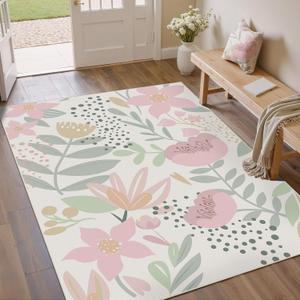 Pink Area Rug 3x5 Washable Office Carpet Boho Living Room Door Mat Non Slip Kitchen Soft Cute Bedroom Botanical Indoor Accent Rug for Dining Room Nursery Bathroom Farmhouse