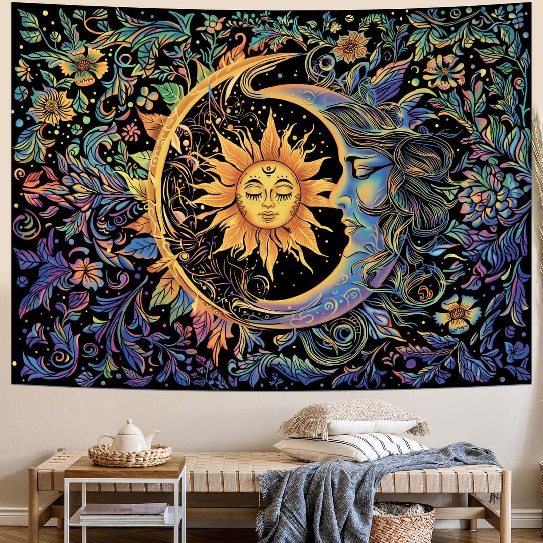 Sun and Moon Tapestry Psychedelic Mystic Floral Tapestry Hippie Boho Flower Plants Wall Tapestries Vintage Aesthetic Tapestries Wall Hanging for Bedroom (78.7"L x 59.1"W)