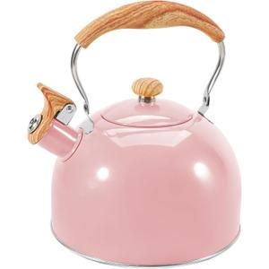 GGC Tea Kettle for Stove Top, 85OZ/2.6QT Whistling Tea Kettles for Boiling Water Milik or Coffee, Pink Stainless Steel Tea Pots with Wood Pattern Folding Handle, Thumb Design Control Kettle Outlet