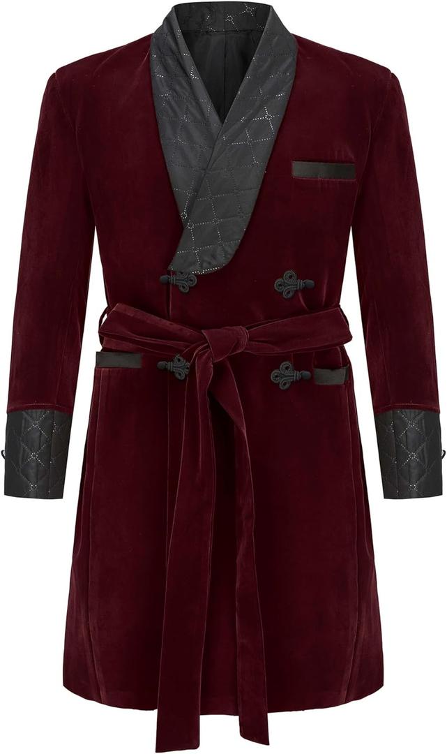 Men's Velvet Smoking Robe Double Breasted Long Jacket Blazer with Belt for Dinner Party Wedding (44, Burgundy)