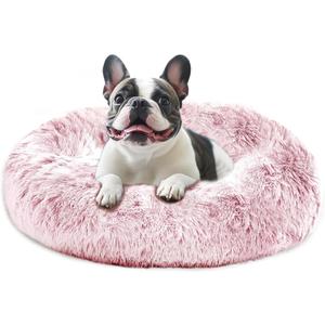 JOLLYVOGUE Calming Dog Bed Medium Size Dog, Anti-Anxiety Donut Medium Pet Bed, 27 inches Fluffy Faux Fur Round Cat Bed (Smoke Pink) (27.0"L x 27.0"W x 8.0"Th)