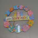 Pink Happy Easter Wreaths for Front Door Peeps Decorations for home Sign Easter Eggs Decor Wooden Wall Decor for Home Office Bathroom Living Room Door Wall Party Supplies 10x10x0.12 inches (Welcome)