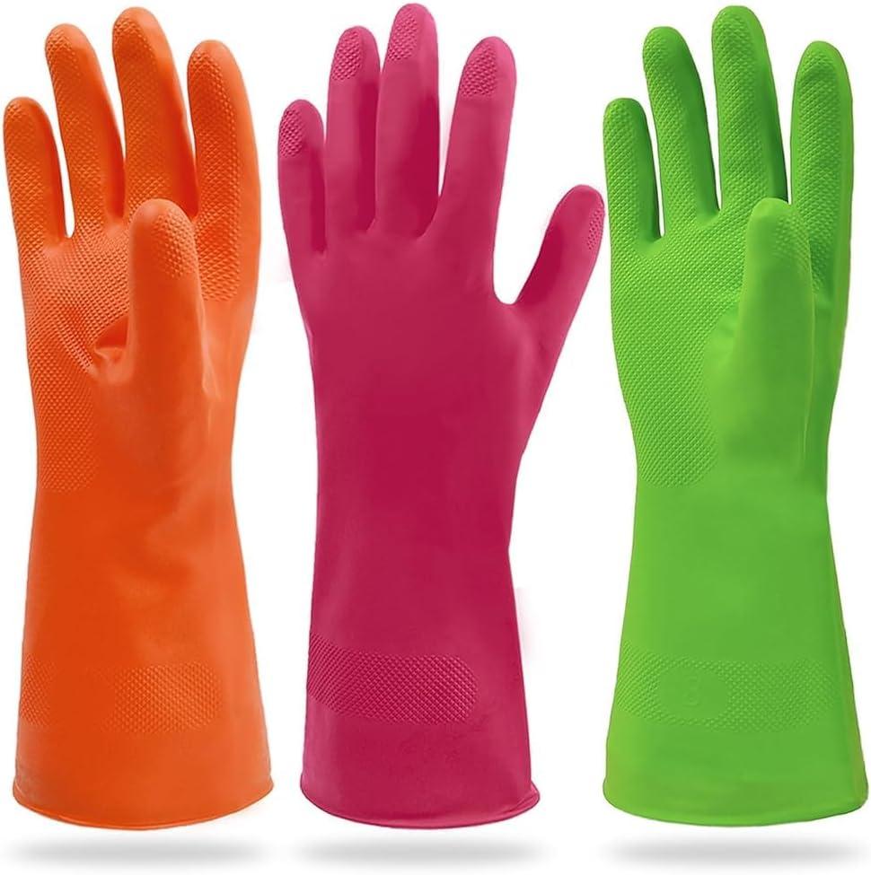 Cleanbear Reusable Dish Washing Rubber Glove Set of 3, Household Cleaning Gloves for Washing (Medium, Green,red,orange)