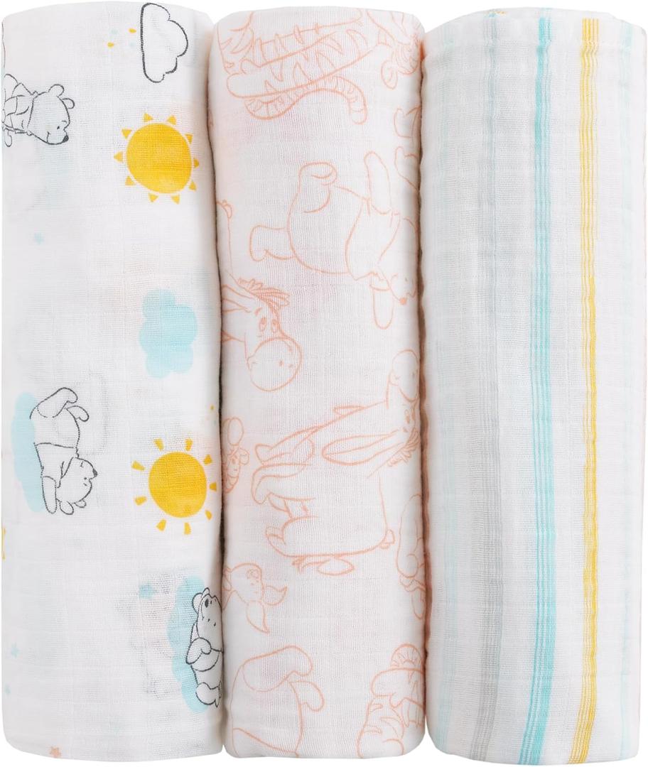 Disney Winnie The Pooh Yellow, Aqua, and White 3 Piece Muslin Swaddle Baby Blanket Set