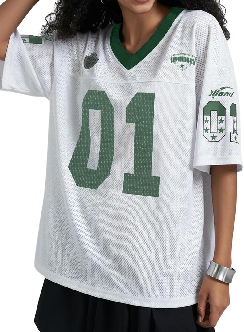 Women's Number Print Mesh Oversized Jersey Shirts Striped Trim Half Sleeve Baggy Camo Graphic Tees (M)