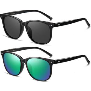 HAOLOTA Polarized Sunglasses for Women, Classic Round Sun Glasses for Driving Fishing lightweight UV400 Protection (Black/Grey + Black/Green)