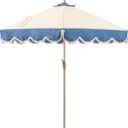 Tempera 9ft Beige Spliced Twilight Blue Tassels Scallop Patio umbrella,Outdoor Table Market Umbrellas with Crank & Pust Button Tilt, Wood Color Pole and 8 Steel Ribs