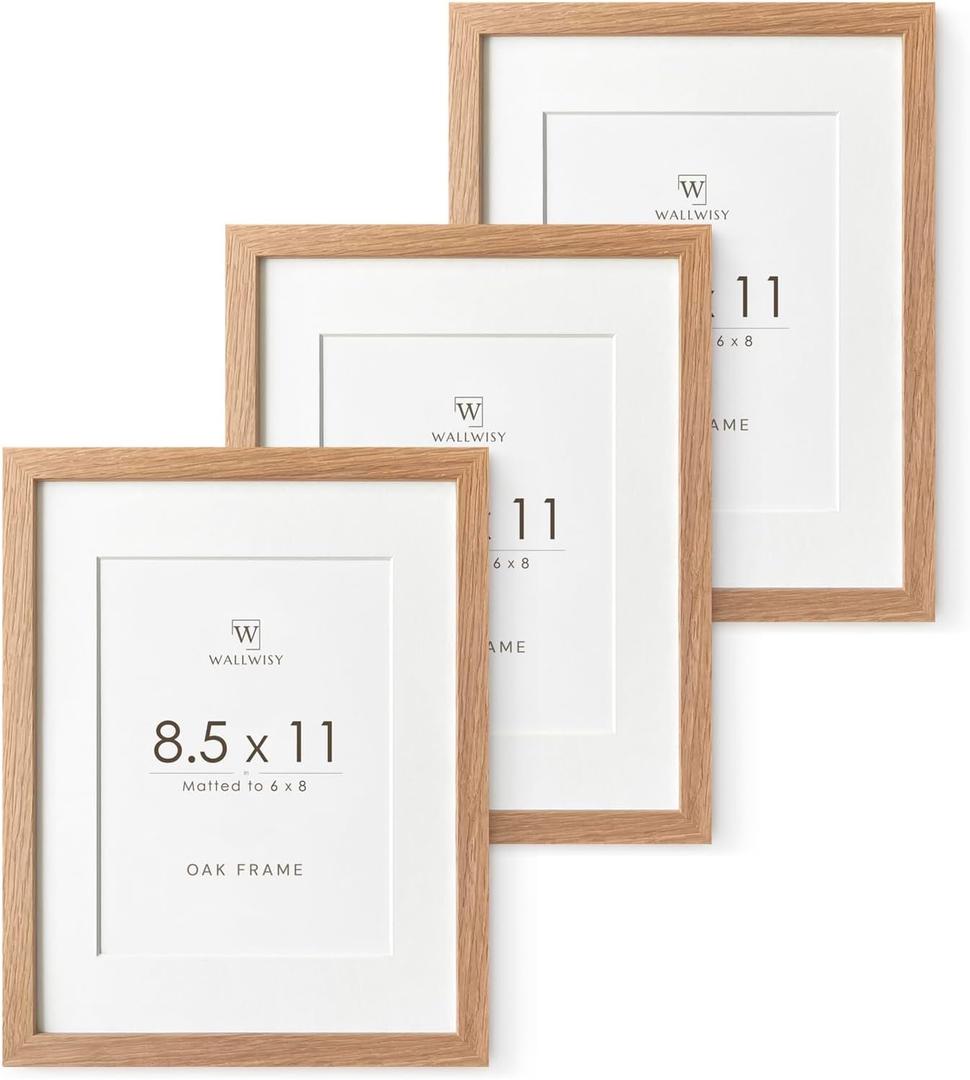 8.5x11 Picture Frame, Solid Oak Wood 8.5 by 11 Picture Frame with Mat to 6x8(Openning Size is 5.5x7.5), 11x8.5 Natural Oak Frames for Wall and Tabletop Display, Set of 3