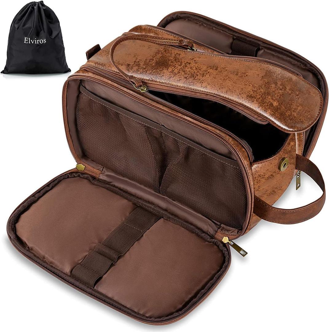 Elviros Toiletry Bag for Men, Large Travel Shaving Dopp Kit Water-resistant Bathroom Toiletries Organizer PU Leather Cosmetic Bags Fathers Day Gift (Medium, Dark Brown) (Medium (Pack of 1))