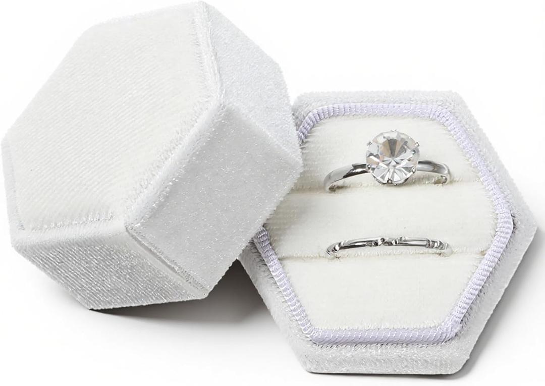 Velvet Wedding Ring Box, Hexagon 2 Slots Ring Box Wedding Day Gorgeous Vintage Ring Bearer Box for Proposal, Engagement, Ceremony (White)