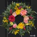 Spring Summer Eucalyptus Wreaths for Front Door Outside 24Inch Door Yellow Daisy Wreath with Sunflower Peony Dahlia Green Leaves for All Season Indoor Outdoor Home Farmhouse Porch Wall Window Decor