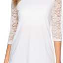 Women's 3/4 Lace Sleeve Round Neck T-Shirt Casual Blouses Tunics Tops (Medium, White)