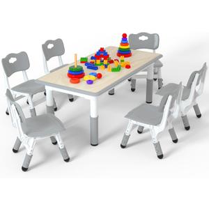 LulliSpace Kids Table and 6 Chairs SetHeight Adjustable Children Table & ChairToddlers Study Multi-Activity Table with 47.2"x23.6" Wipe-Clean Desktopfor Classrooms, Homes & Daycares