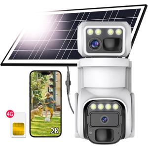 No WiFi Security Camera, 4G LTE Cellular Security Camera, 2K Solar Cellular Cam HD Dual Lens 360 Pan Tilt, Color Night Vision, PIR Motion Detection, IP66 Waterproof with Pre-Installed SIM