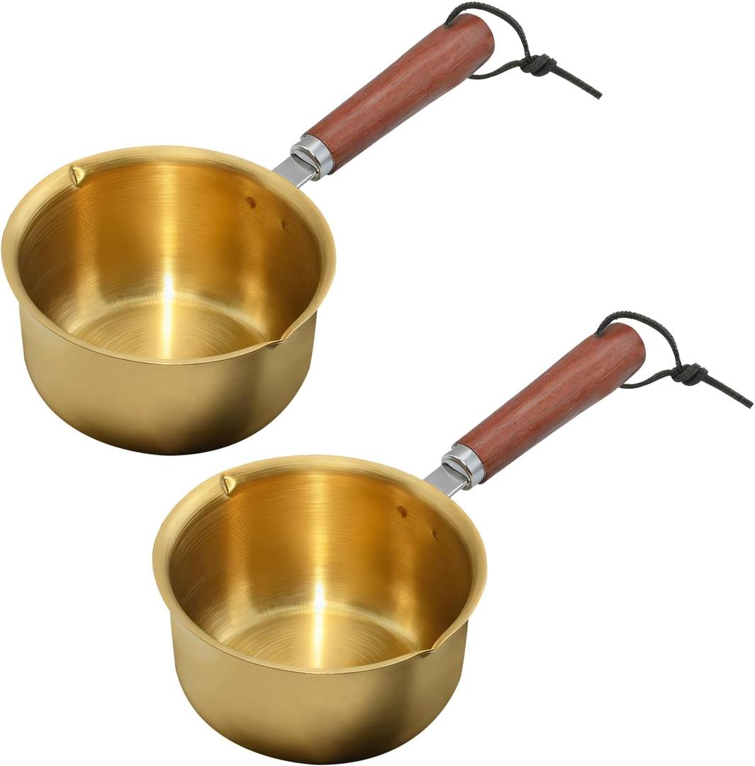 Golden Mini Butter Warmer & Mini Sauce Pan 300ml, 1-Pack with Wooden Handles Perfect for Induction, Gas & Electric Stoves, Melting Butter, Chocolate, Heating Milk, Oil, Frying Eggs