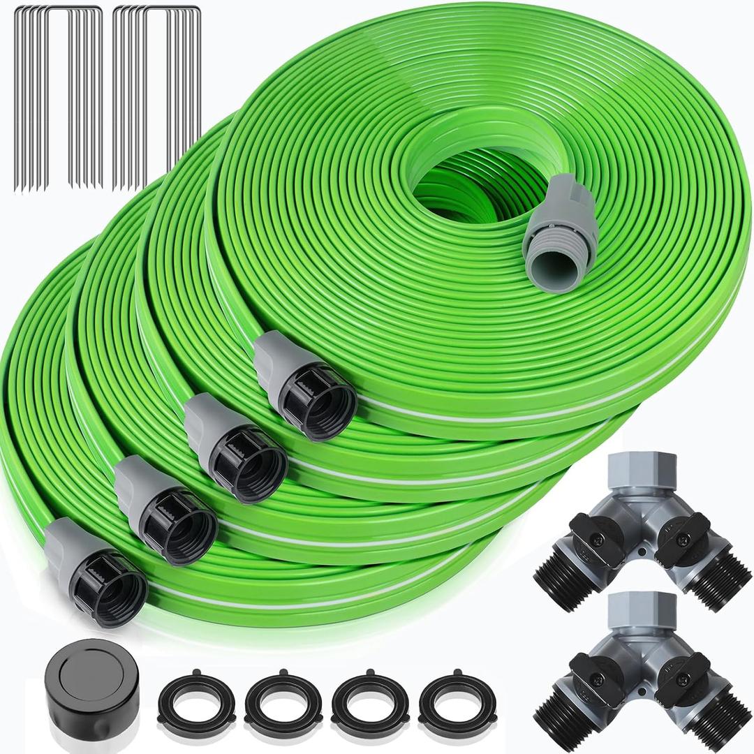 LAVEVE Heavy Duty Sprinkler Soaker Hose 100 FT, Flat Garden Hose with Holes, Efficient Flexible Irrigation Hose for Yard, Lawn and Garden, Includes Stakes (25FT x 4Pack)