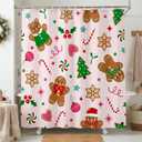 Frienda Pink Christmas Shower Curtain Set 71x72 Inch Cute Gingerbread Man Candy Cane Xmas Tree Snowflake Bathroom Shower Curtain with Hooks Winter Waterproof Merry Christmas Fabric Bath Decorations