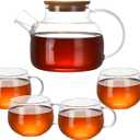 WHOLE HOUSEWARES Glass Teapot Set - Borosilicate Tea Kettle with Bamboo Lid and 4 Crystal-Clear Mugs - Dishwasher & Microwave Friendly - Tea Lovers Gift - (Set of 5)