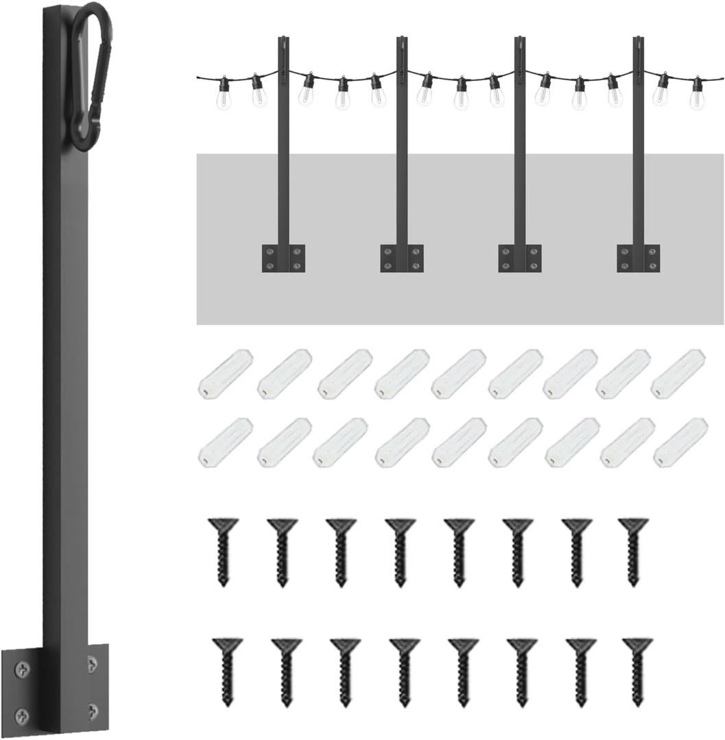 4 Pack String Light Poles,Hanging Light Poles for Outdoor String Lights, Metal Suspension String Light Poles with Carabiner,Hanging Light Poles for Deck Fence Garden Backyard Wall Bistro