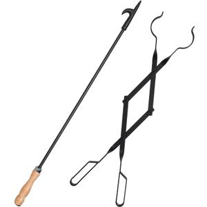 Heavy Duty 32 Long Fireplace Fire Pit Campfire Poker Stick and 26 Fireplace Tongs Tool Sets, Log Grabber, Rust Resistant Black Finish Camping Fireplace Tools for Indoor/Outdoor