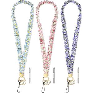 Geyoga 3 Pcs Stretchy Scrunchie Lanyard for ID Badges Scrunchy Neck Keychain with Clip Closure for Teacher (Pink Blue)