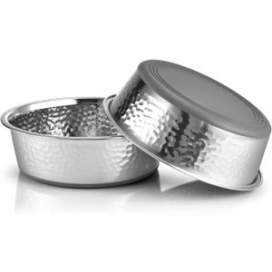 URBUDDIES 2 Pack Hammered Stainless Steel Dog Bowls, Premium Metal Dog Bowls with Non Slip Rubber Bottom, Dishwasher Safe, Easy to Clean, 4 Cup, Gray Bottom