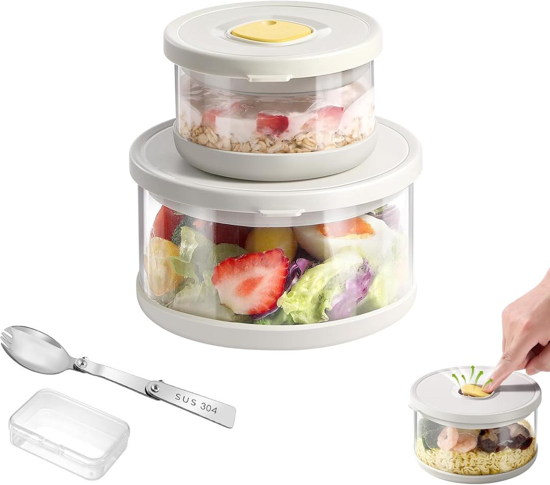 SAYAPE Glass Food Storage Containers with Airtight Lids, 33.8oz & 11.8oz High-Borosilicate Glass Meal Prep Containers with Spork, Bento Lunch Boxes for Salad, Ramen, Soup, Fruit - 2 Pack, White