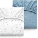 Momcozy Muslin Standard Fitted Crib Sheets, 52"x28", 2 Pack Soft Breathable Natural Cotton Baby Mattress Sheet, 360 Mattress Wrapping No Slip Boys Girls Neutral Toddler Bed Sheet, Blue Star Moon