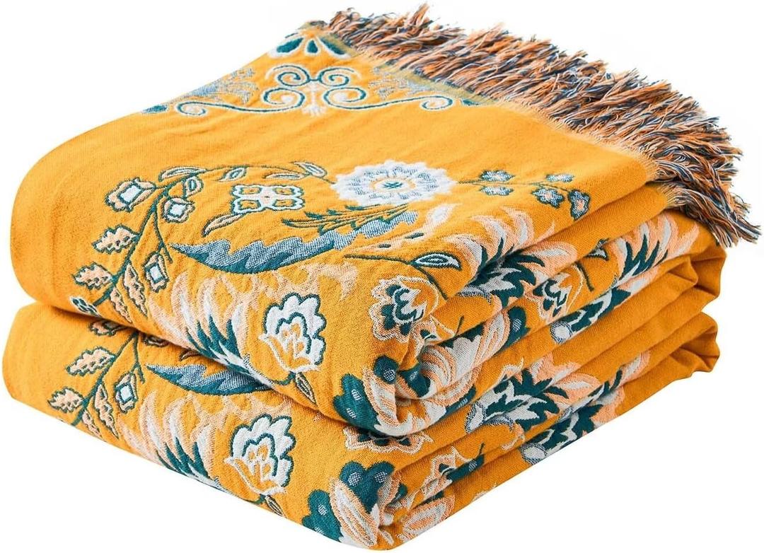 Boho Throw Blanket, 100% Cotton Ultra Soft Luxury Throw Rustic Quilt, Floral Printed Farmhouse Decor Bed Summer Blankets, All Season Rustic Reversible Bohemian Throw for Bed (60"x80" Yellow)