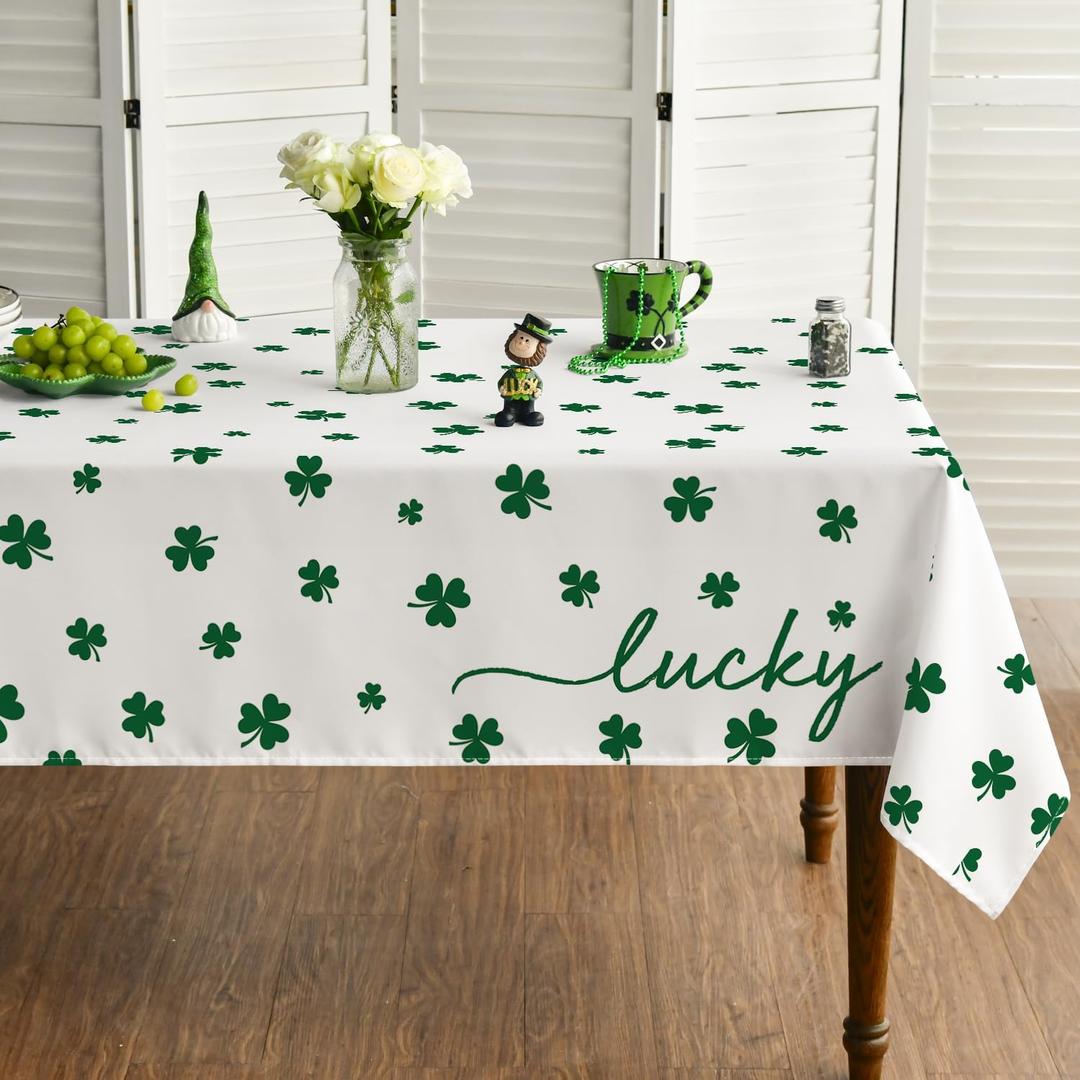 Horaldaily St. Patrick's Day Tablecloth 60140 Inch, Irish Clover Shamrock White Washable Table Cover for Party Picnic Dinner Decor