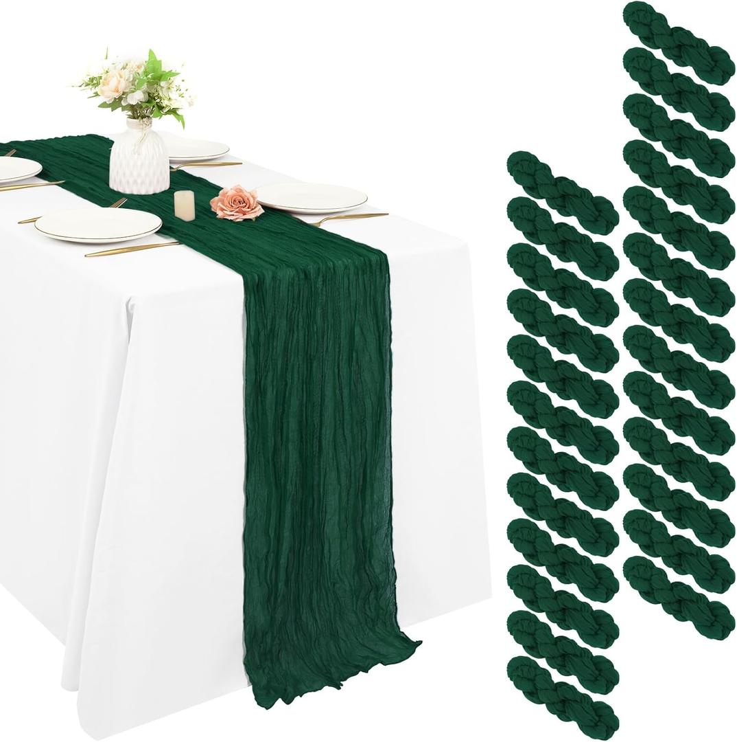 25 Pack Cheesecloth Table Runner 20 x 120 inch Long Boho Gauze Table Runners 10FT Semi Sheer Table Runner for Wedding Decor, Baby Shower, Birthday Party, Banquet (Emerald Green)