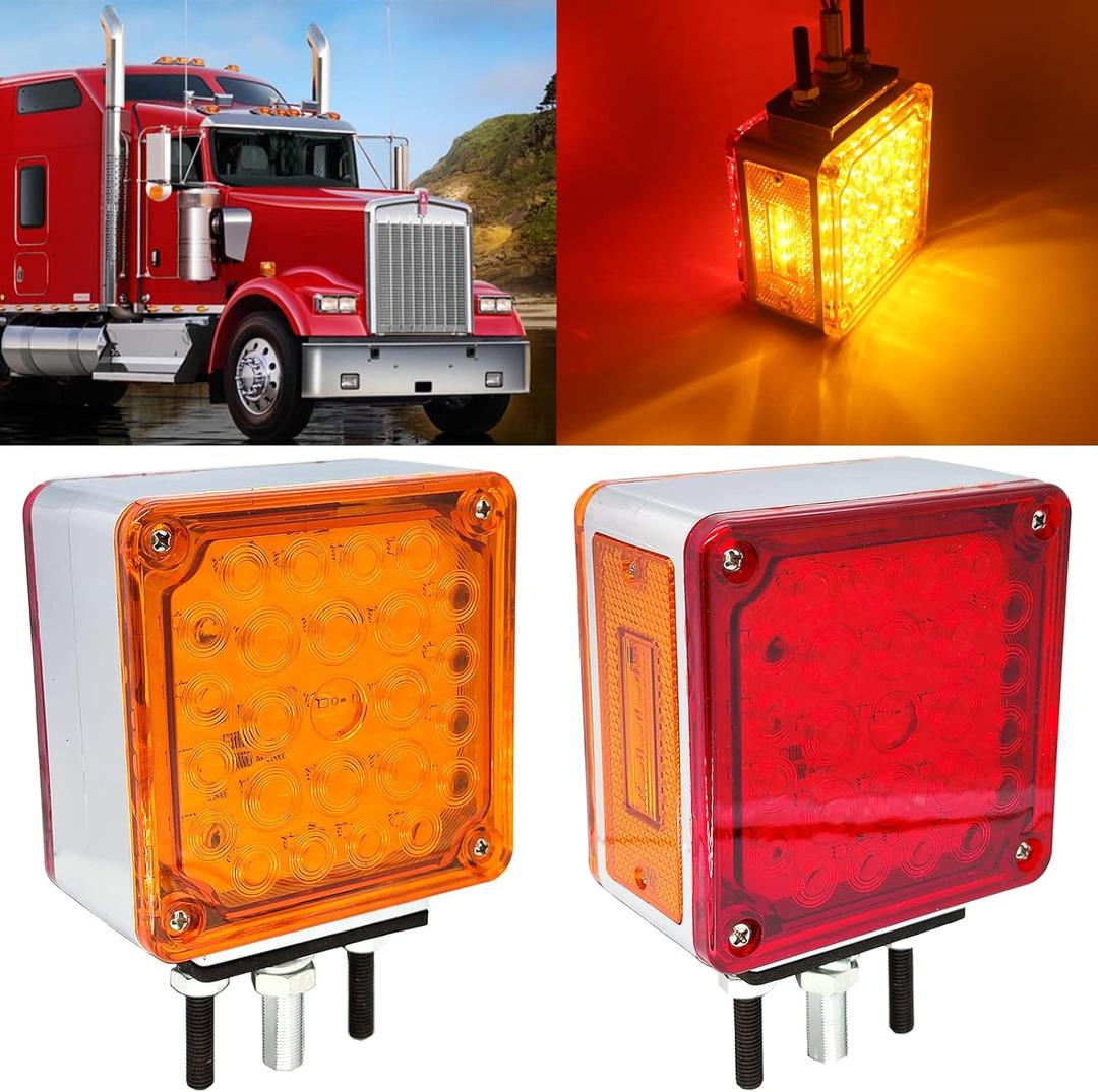 Amber/Red 52 LED Square Double Face turn signal lights, Truck fender Pedestal light Replacement for Kenworth/Peterbilt/Freightliner, Dual Studs Set of 2