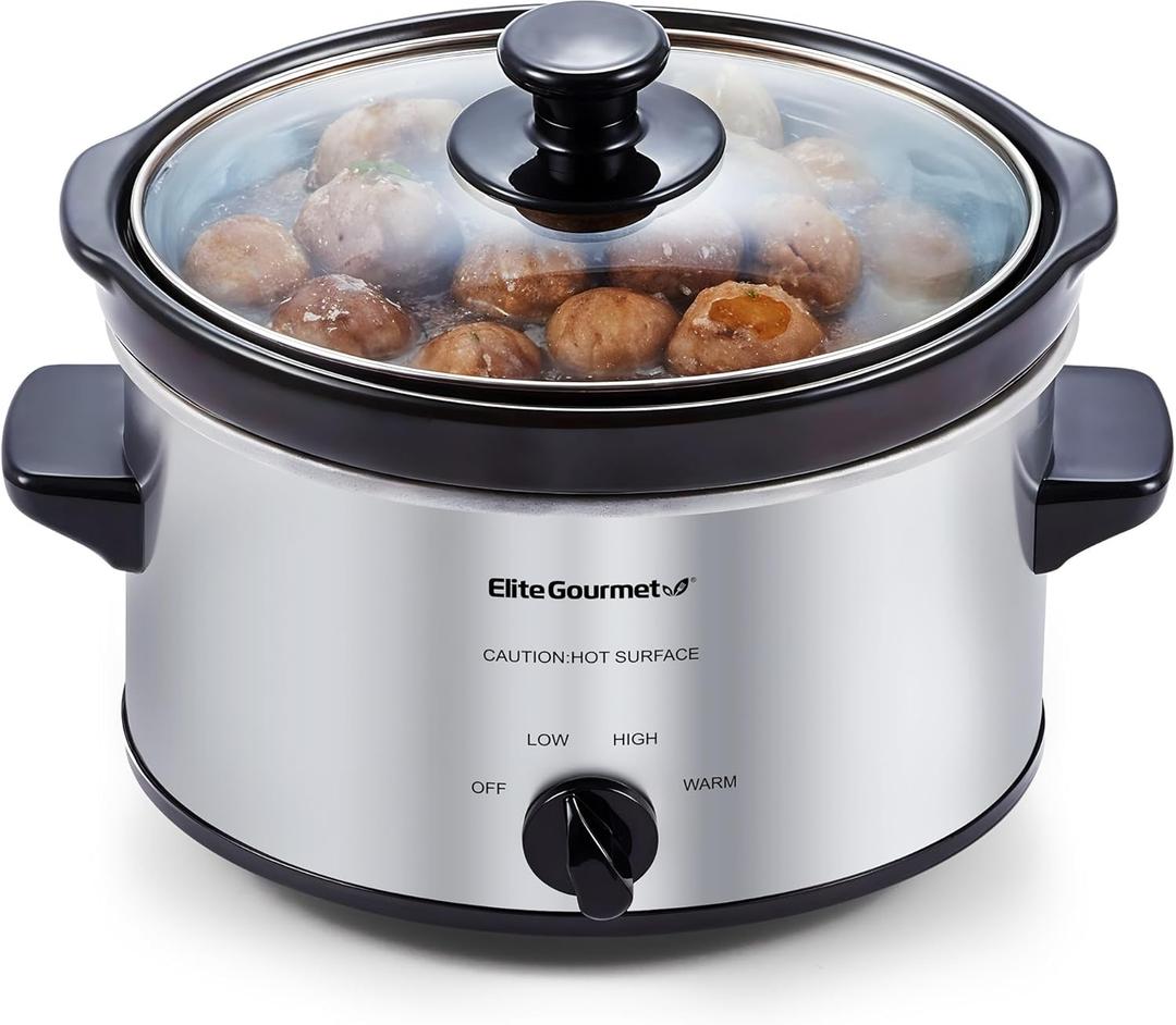 Elite Gourmet MST-275XS Electric Oval Slow Cooker, Adjustable Temp, Entrees, Sauces, Stews & Dips, Dishwasher Safe Glass Lid & Crock (2 Quart, Stainless Steel)