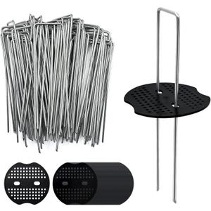 100 Pack 6 Inch Landscape Staples & 100pcs Fixing Gasket Sets, Garden Stakes Galvanized Steel Fabric Pins Heavy-Duty U Shape Sod Turf Pins for Ground Weed Fabric Barrier, Orchard, Yard, Tents